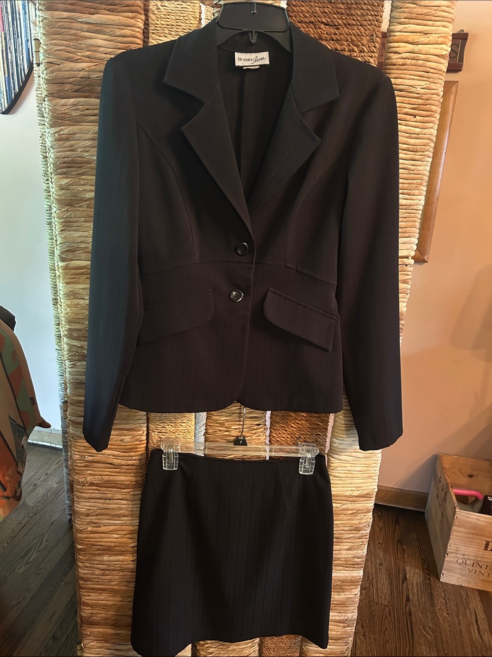 Women's Black Pinstripe Two-Button Tailored Blazer & Skirt
